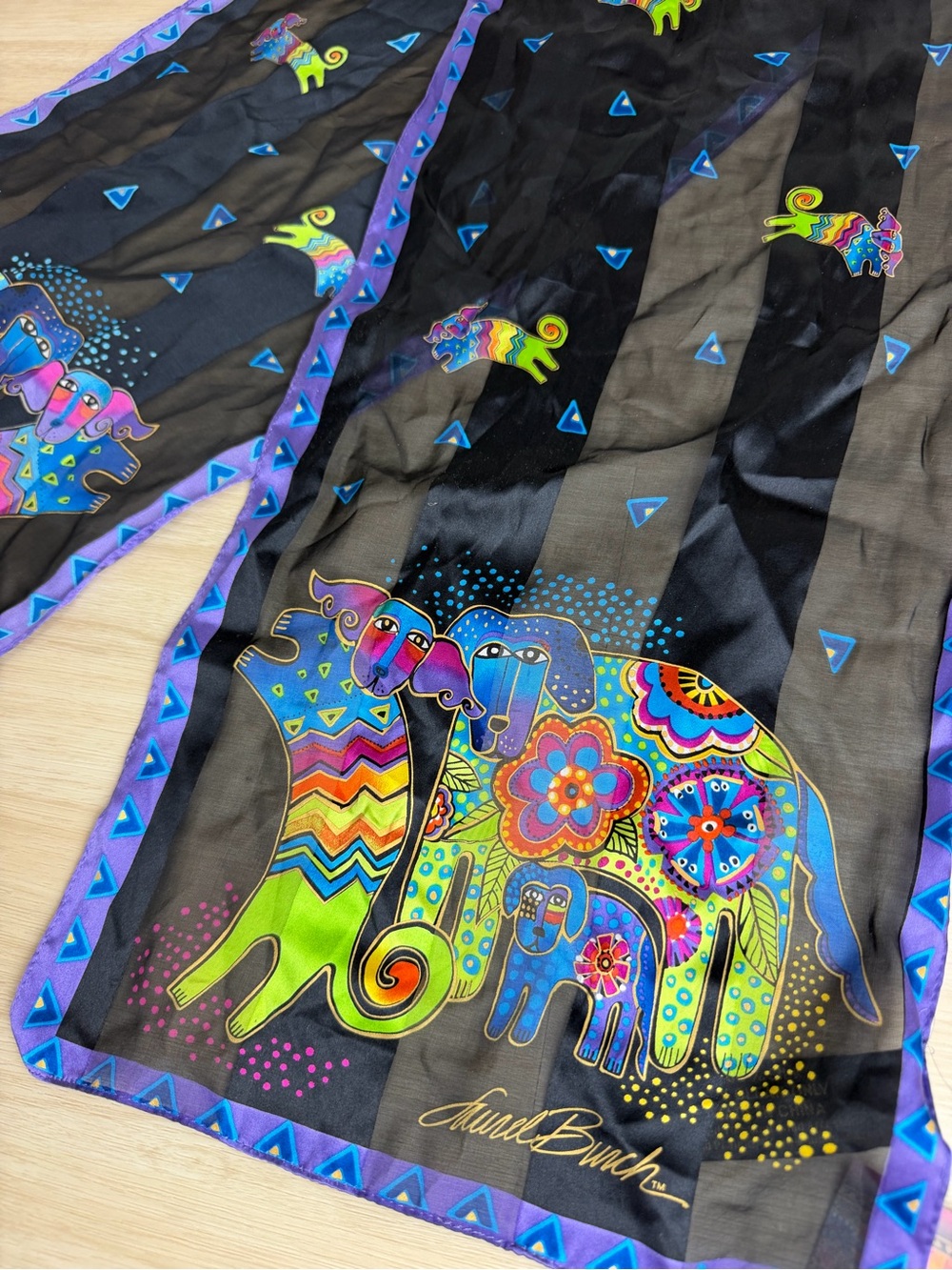 Vintage Y2K Deadstock NWT Laurel Burch 100% Silk Colorful Whimsical Dog Scarf